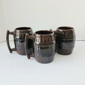 Vtg Beauceware 3 Brown Glazed Ceramic Barrel Mugs Rustic Tavern Style